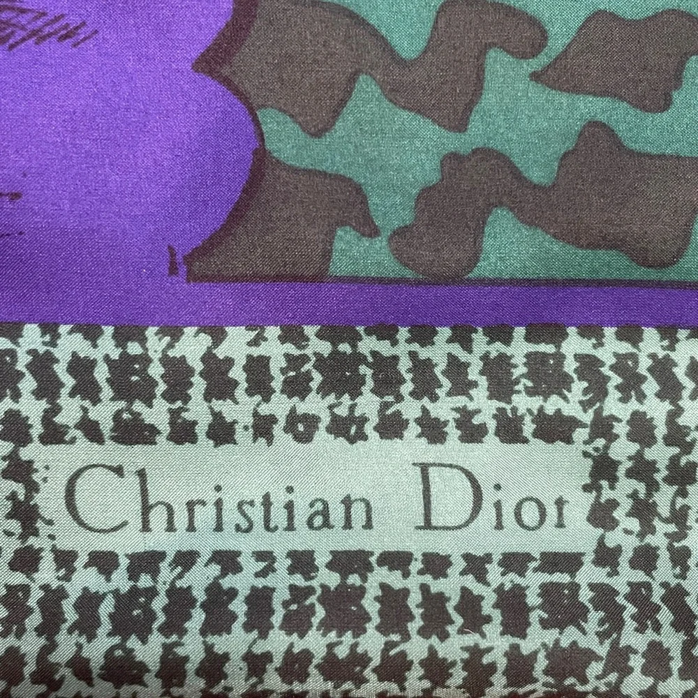 Christian Dior 100% Silk Scarf Green Purple Paisley Floral Square Vintage
